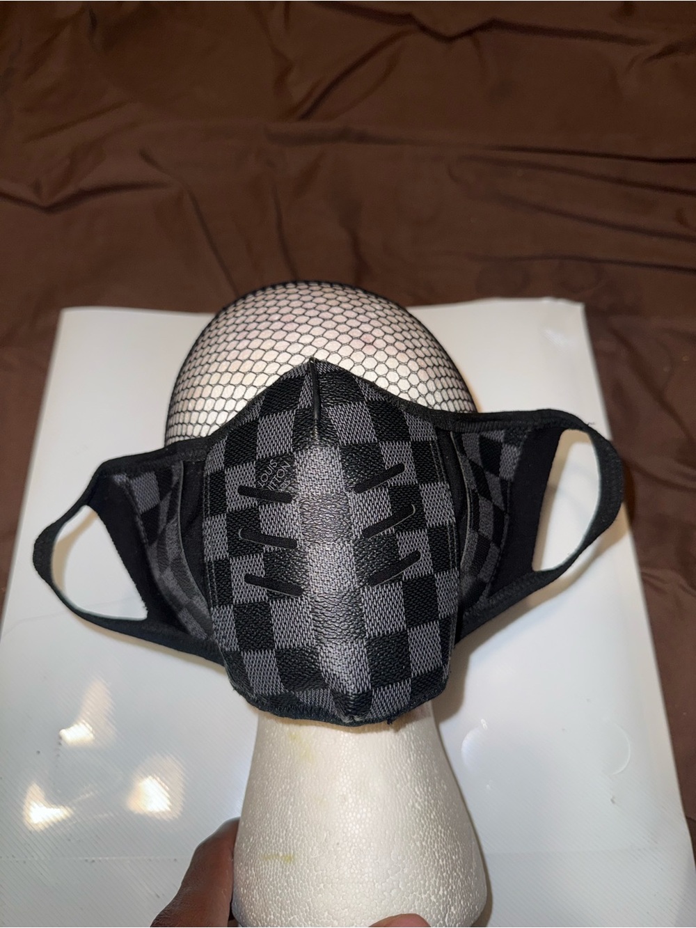 Black leather Check Pattern Men's Reusable Face Mask with Contoured Fit